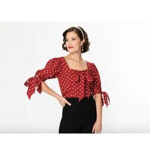 Unique Vintage Red and White Polka Dot Tie Up Short Sleeve Top 1950s Sz 5x #2